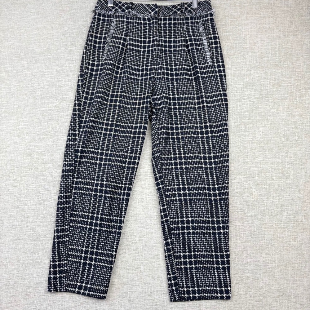 Topshop Womens Size 6 Black White Plaid Tweed Frayed Trim Tapered Crop Pants